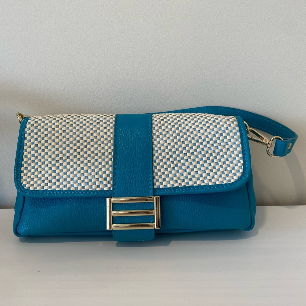 Teal and woven genuine leather shoulder bag with longer strap option